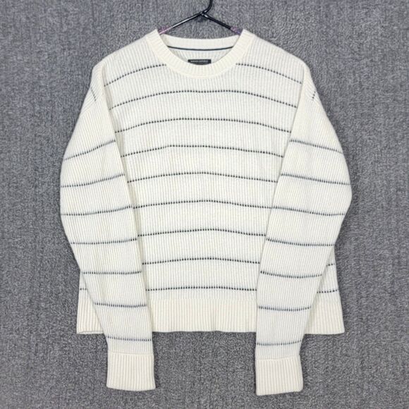 Banana Republic Sweater Mens L White Blue Striped Italian Wool Blend Crewneck - Picture 1 of 11